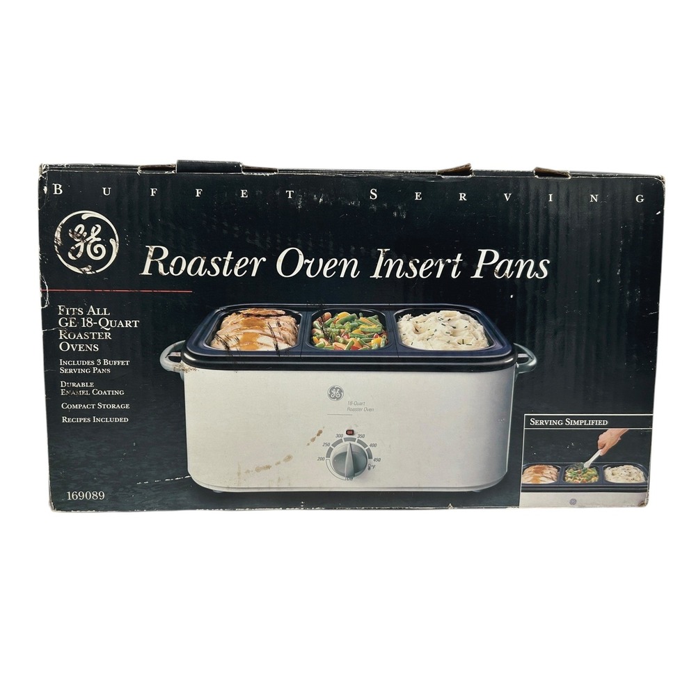 GE 18-Quart Roaster Oven Insert Pans 3 Buffet Serving Pans Black Enamel 169089